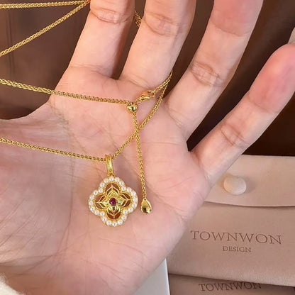 New Chinese Style Red Corundum Paper-cut Window Flower Pearl Necklace Light Luxury High-end Versatile