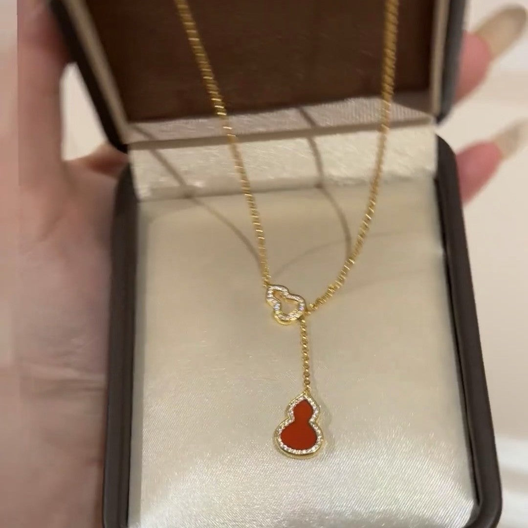 S925 Sterling Silver Red Agate Gourd White Shell Gourd Necklace Light Luxury Niche Fashion Design Sense Collarbone Chain