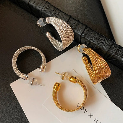 European and American C-shaped Exaggerated Pure Silver S925 Gold-plated Brushed Earrings for Women, Niche Design Sense, High-end Silver Stud Earrings