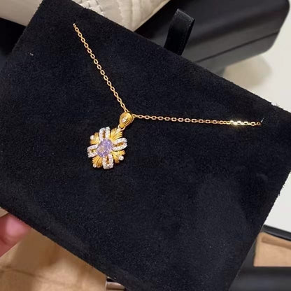 Italian Vintage Brushed Purple Flower Necklace Sparkling Full Diamond Sunflower Pendant Light Luxury Exquisite Collarbone Chain