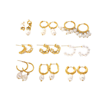 INS Style Internet Celebrity Same Style 18K Gold Stainless Steel Earrings Fashionable Personality Pearl Earrings Hoop Earrings Women's Jewelry