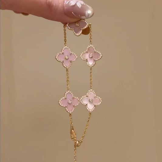 New Pure Silver S925 Four-Leaf Clover Natural Pink Shell White Shell Red Agate Bracelet Versatile Beaded