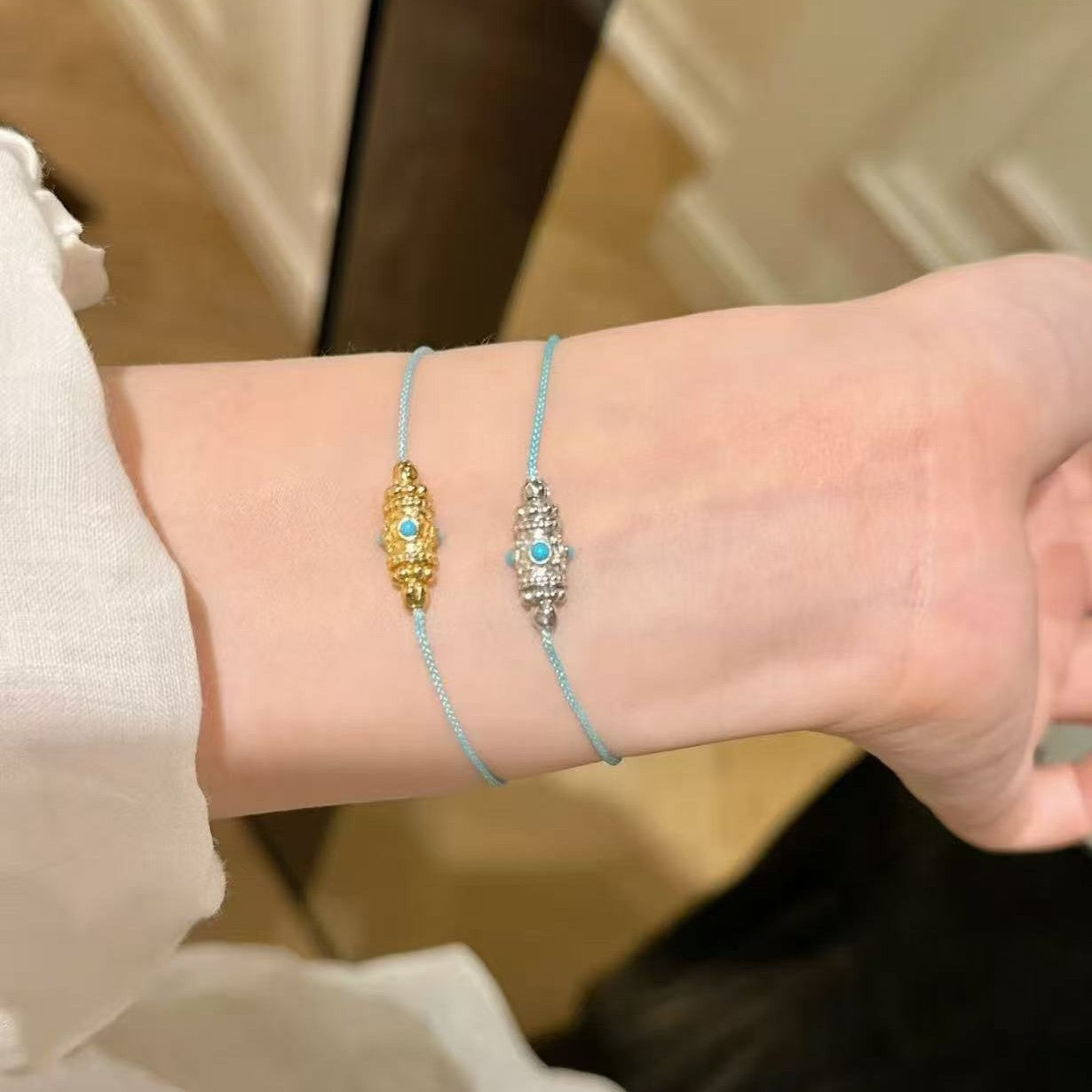 Pure Silver S925 Blue Turquoise Gold Barrel Color Rope Bracelet Necklace Set Light Luxury High-end Elegant Niche Versatile Simple