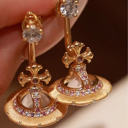 Pure Silver S925 Brushed Craft Natural Pink Quartz Saturn Necklace Earrings Fairy Chain Set Light Luxury Exquisite High-end Feel