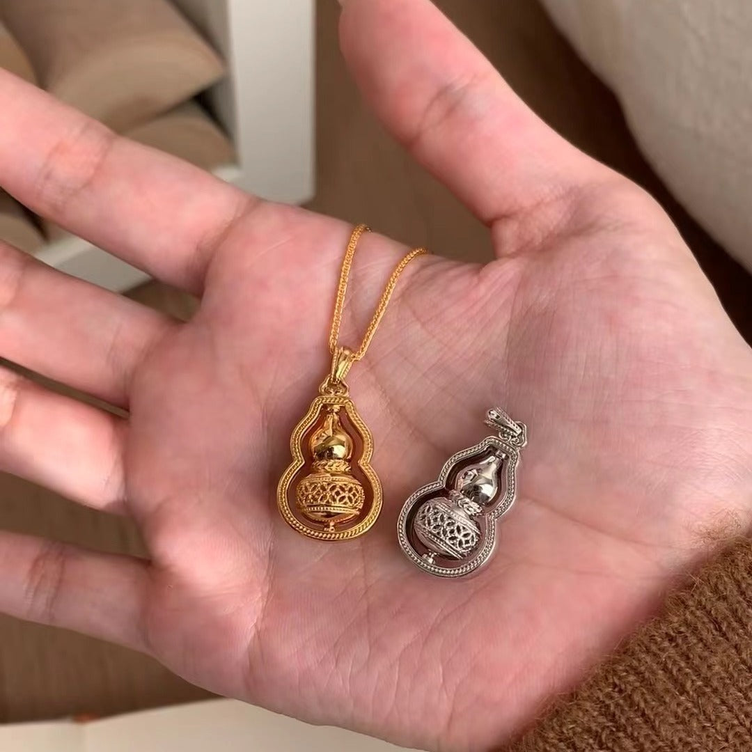 Pure Silver S925 Carved Gourd Rotatable Pendant Chinese Style Necklace for Women High-end Personality