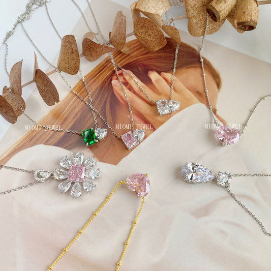 S925 Sterling Silver High Carbon Diamond Necklace for Women Ice Flower Cut Pink Heart Pendant Green Diamond High-end Collarbone Chain