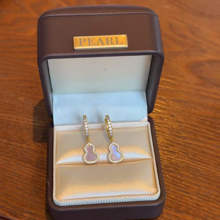 Pure Silver S925 Chinese Style Natural Pink Shell Gourd Earrings Elegant Light Luxury Versatile Design Sense Niche High-end Earrings