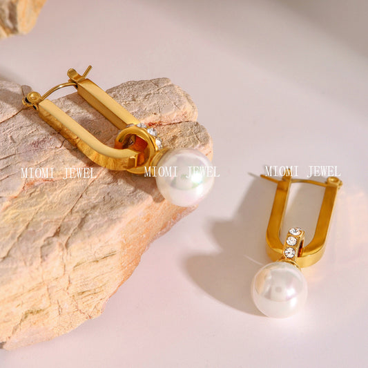 Stainless Steel Pearl Earrings Zircon Studs High-End Ins Style Earrings 18k Gold Titanium Steel Ear Clips