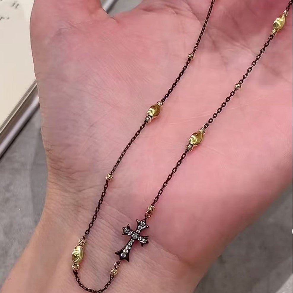 Sterling Silver S925 Black Gold Cross Double-Sided Necklace Micro Inlay Niche Personality Versatile Elegant Light Luxury Collarbone Chain