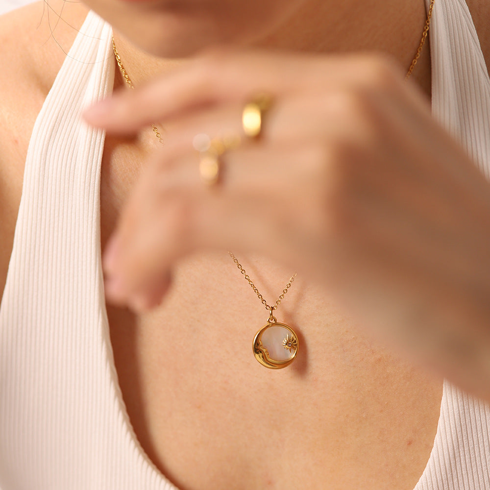 INS Style 18K Gold Titanium Steel Necklace for Women French Natural White Mother-of-Pearl Star Moon Round Pendant Stainless Steel Necklace