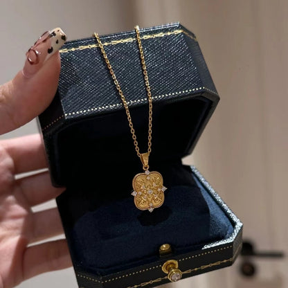 Vintage Style Pure Silver S925 Real Gold Plated High Carbon Diamond Brushed Craft Iris Flower Amulet Double-Sided Necklace