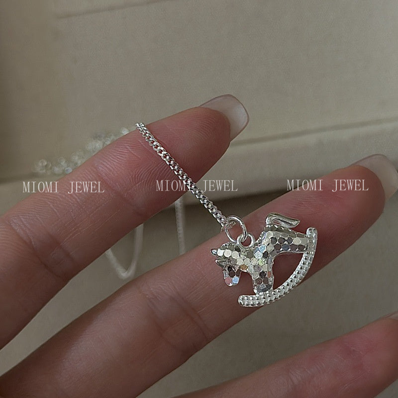 S925 Sterling Silver Korean Version Niche Design Retro CNC Pony Necklace Korean Style Fashionable Simple Collarbone Chain Wholesale