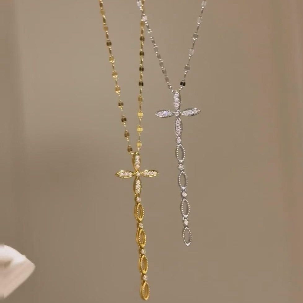 Pure Silver S925 High Carbon Diamond Cross Tassel Necklace High Aesthetic Versatile