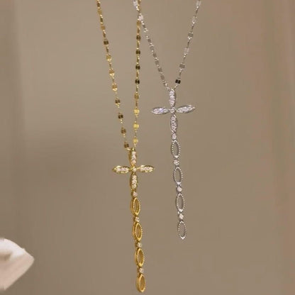 Pure Silver S925 High Carbon Diamond Cross Tassel Necklace High Aesthetic Versatile