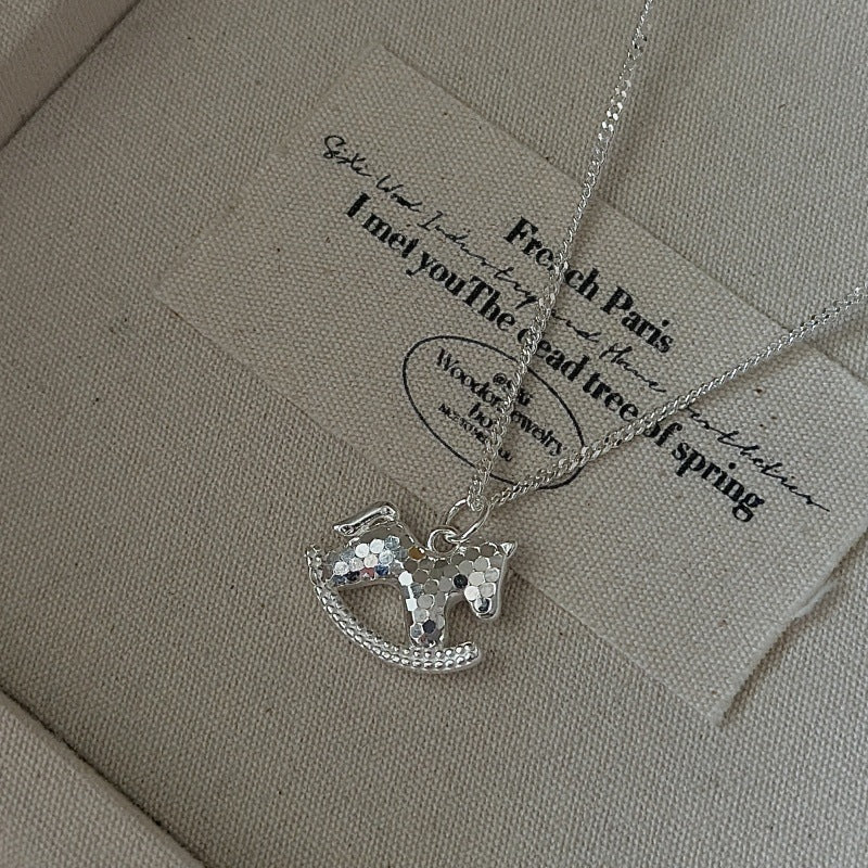 S925 Sterling Silver Korean Version Niche Design Retro CNC Pony Necklace Korean Style Fashionable Simple Collarbone Chain Wholesale