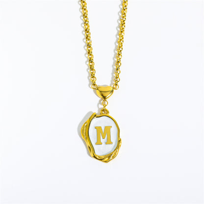 Titanium Steel 26 Letters Gold Medal Necklace Oil Drop Three-Dimensional Character Pendant Holiday Style Oyster Shell Clavicle Chain for Women