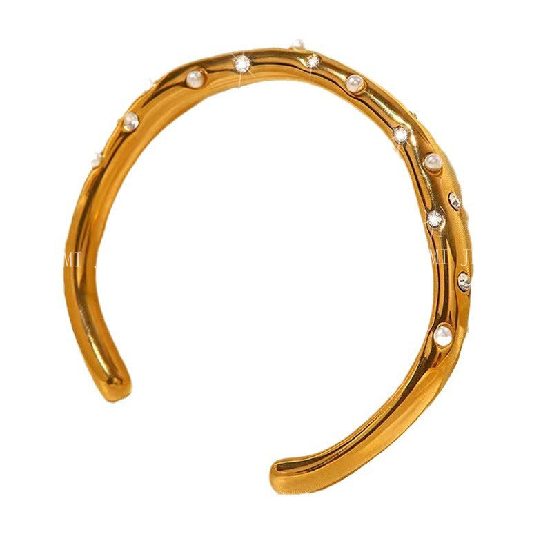 Stainless Steel Bracelet Trendy Inlaid Pearl Bracelet Women's Titanium Steel Retro Versatile Hand Jewelry