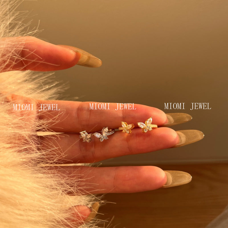 S925 White Marquise Round Zircon Inlaid Butterfly Design Open Fashion Exquisite Light Luxury Korean Style Ring