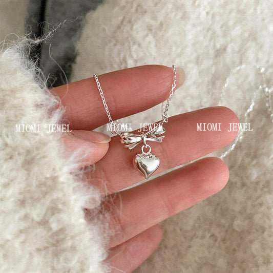 S925 Sterling Silver Niche Design Bowknot Heart Pendant Necklace for Women