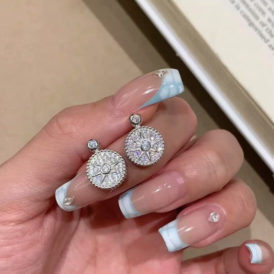 Pure Silver S925 Starry Full Diamond Compass Earrings Elegant Earrings Niche Design High-end Sparkling Ear Jewelry