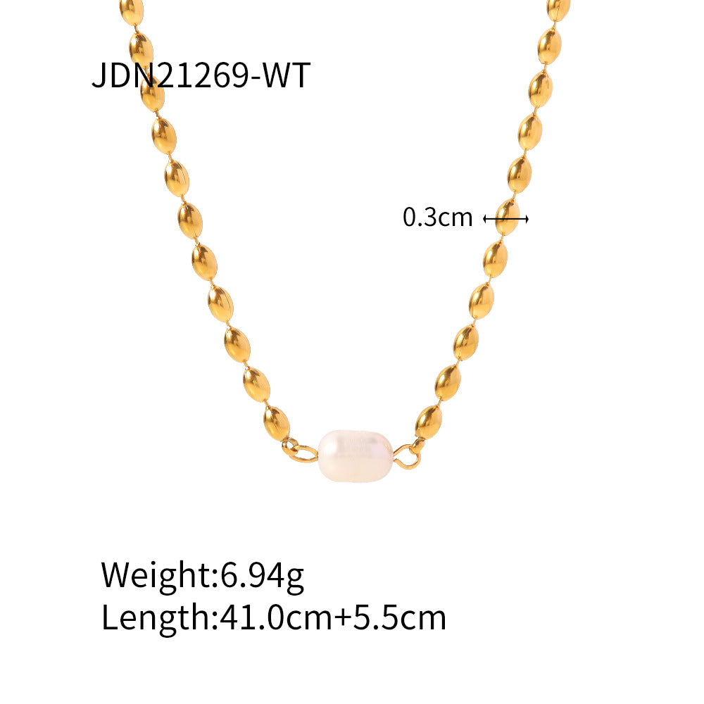 Ins Internet Celebrity Niche Design Fashion Non-Fading Natural Freshwater Pearl Oval Gold Bead Titanium Steel Bracelet/Necklace