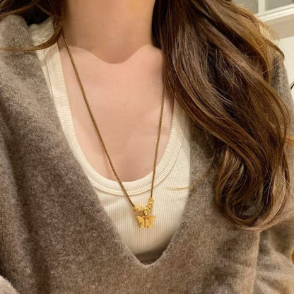 Pure Silver S925 Ancient Gold Butterfly Coiled Brown Rope Necklace Retro New Chinese Style Light Luxury Exquisite Handmade Braided Necklace