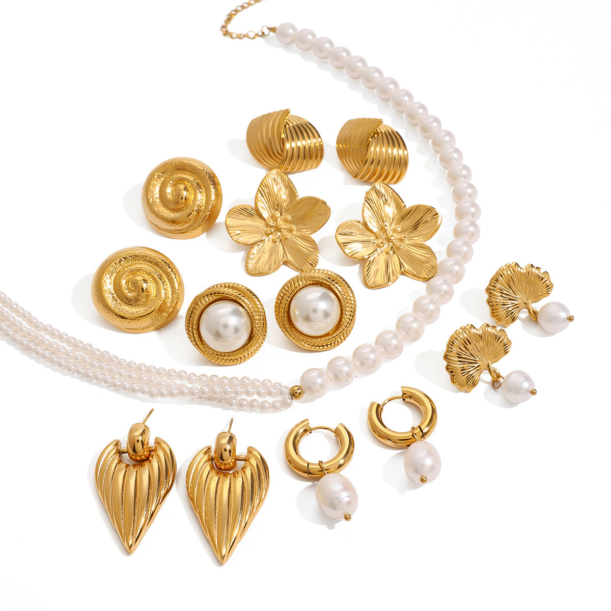 Stainless Steel Pearl Necklace High-end Exaggerated Flower Stud Earrings Titanium Steel Jewelry Earrings