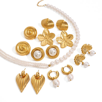 Stainless Steel Pearl Necklace High-end Exaggerated Flower Stud Earrings Titanium Steel Jewelry Earrings
