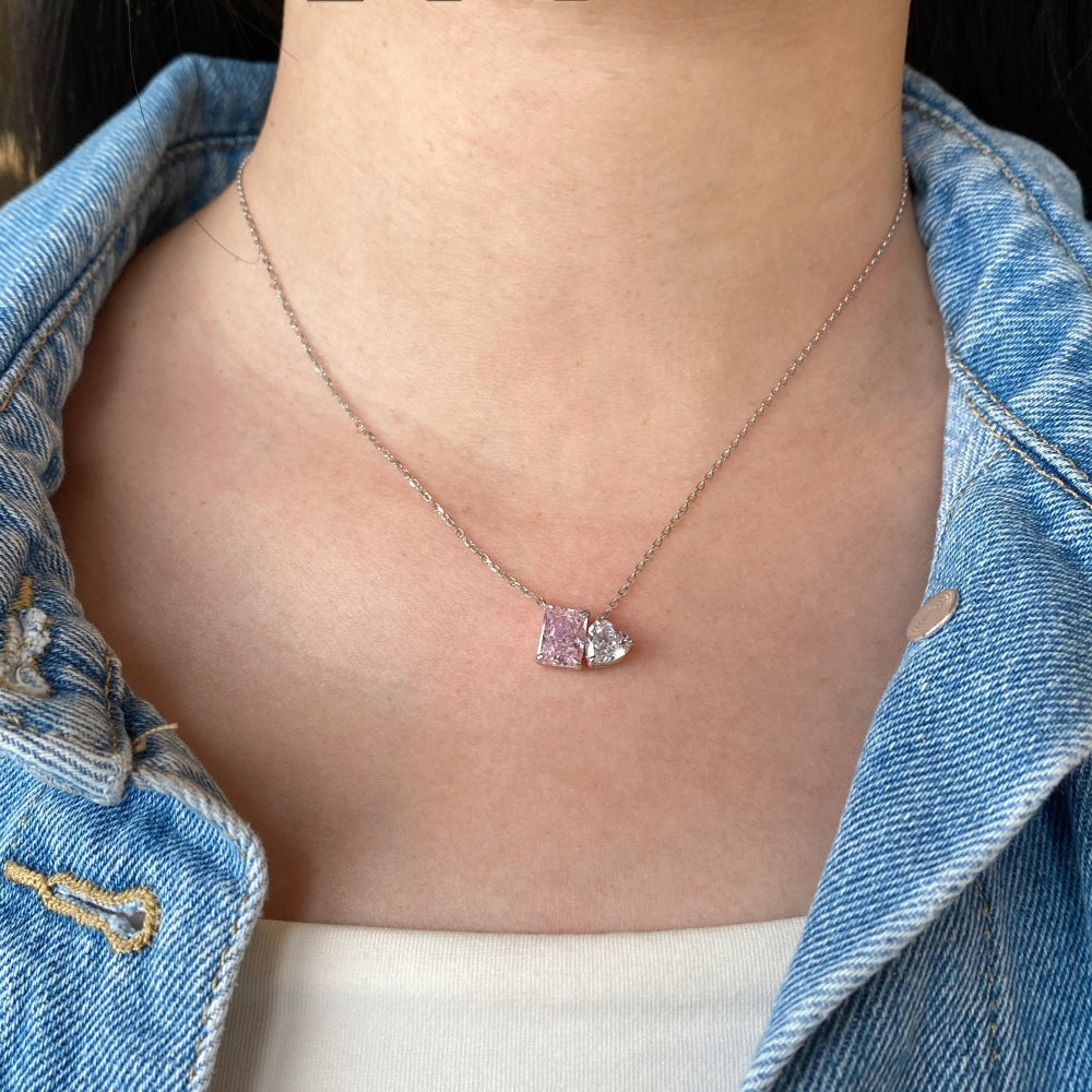 S925 Sterling Silver High Carbon Diamond Necklace for Women Ice Flower Cut Pink Heart Pendant Green Diamond High-end Collarbone Chain