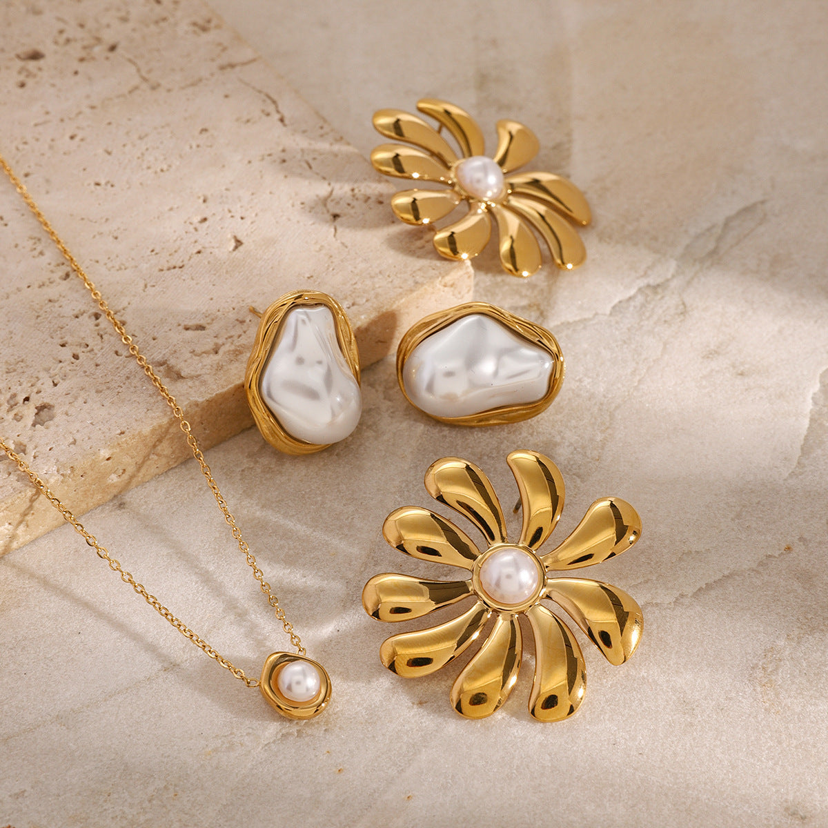 Stainless Steel Pearl Necklace High-End Niche Ring Exaggerated Earrings Titanium Steel Set Accessories