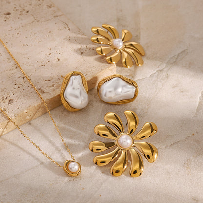 Stainless Steel Pearl Necklace High-End Niche Ring Exaggerated Earrings Titanium Steel Set Accessories