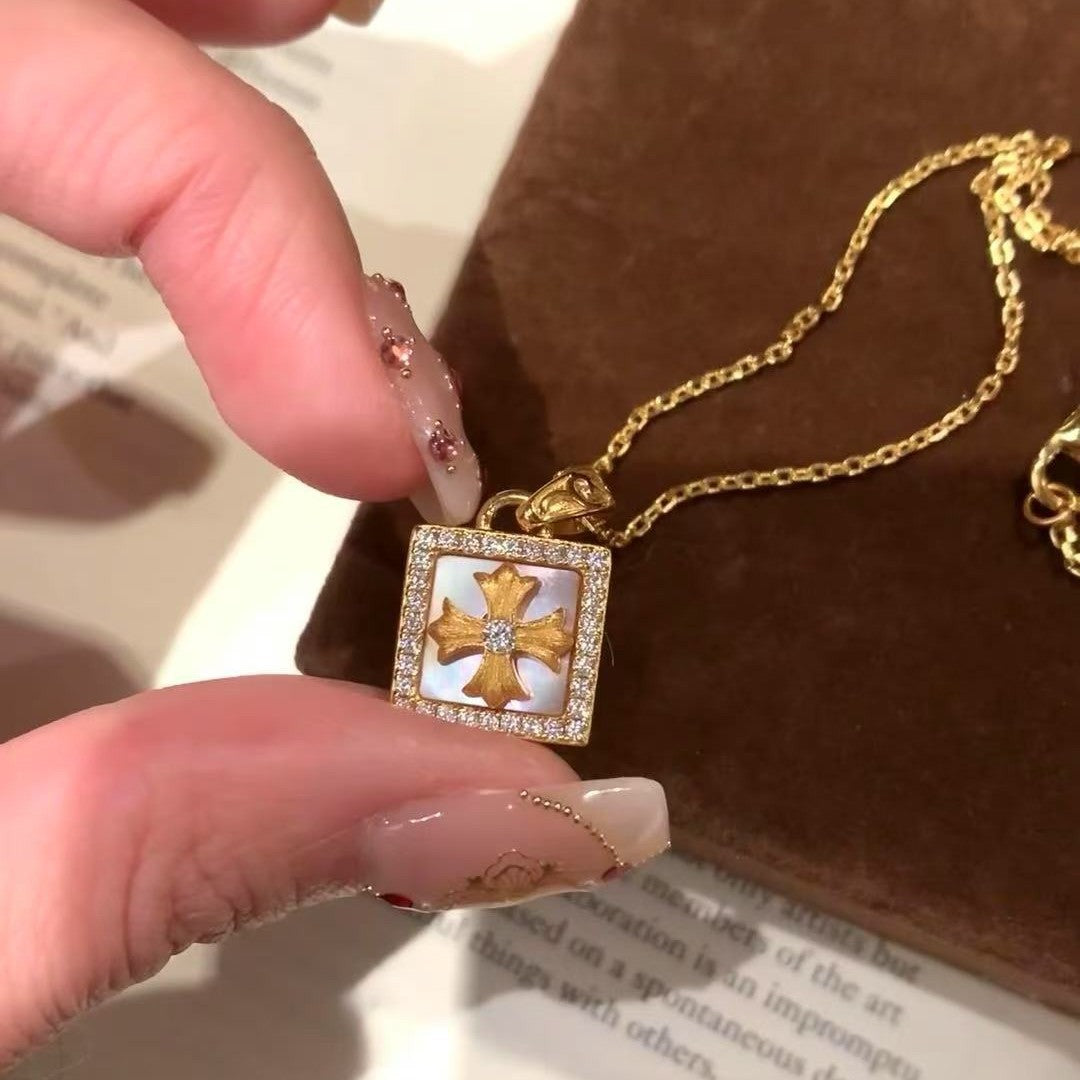 Brushed Craft Cross Necklace Full Diamond Cross Flower Light Luxury Niche Design High-end Clavicle Chain Simple