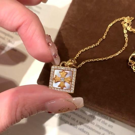 Brushed Craft Cross Necklace Full Diamond Cross Flower Light Luxury Niche Design High-end Clavicle Chain Simple