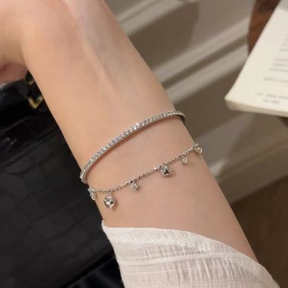 Pure Silver S925 Italian Vintage Brushed Light Luxury High-End Jewelry High Carbon Diamond Heart Bracelet Adjustable