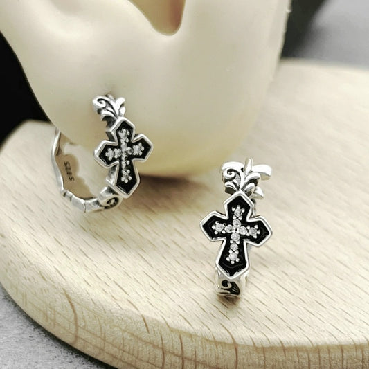 925 Sterling Silver Cross Inlaid with Zirconia Personality Trendy Fashion Retro Earrings Niche Versatile Hypoallergenic Stud Earrings