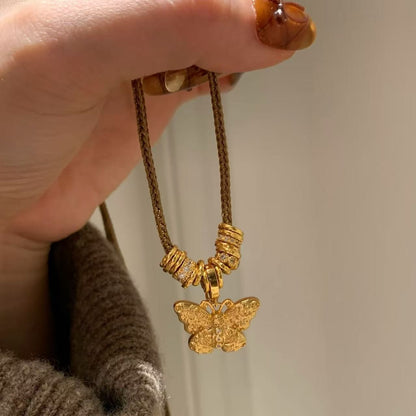 Pure Silver S925 Ancient Gold Butterfly Coiled Brown Rope Necklace Retro New Chinese Style Light Luxury Exquisite Handmade Braided Necklace