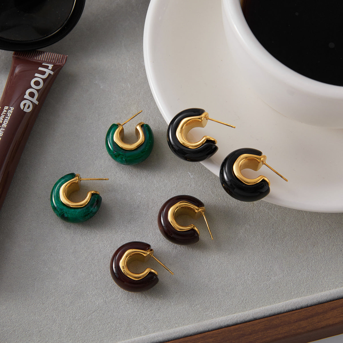 Maillard Autumn Winter Resin Earrings Niche Light Luxury Stainless Steel Studs Titanium Steel Ear Jewelry High-End Feel