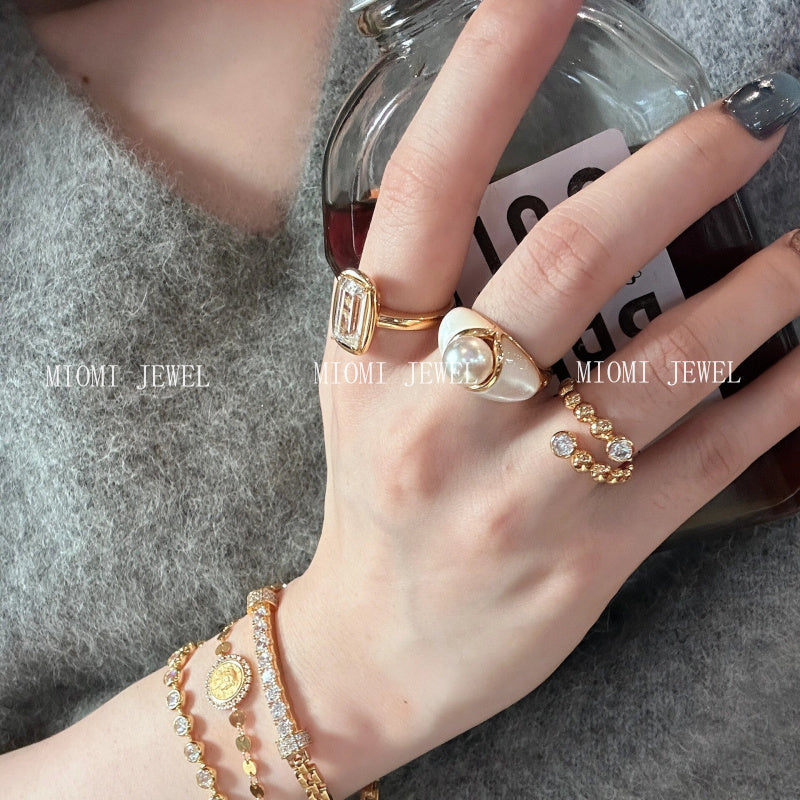 Princess Vintage Style Pearl White Shell Ring S925 Sterling Silver 18K Gold Plated Niche Jewelry