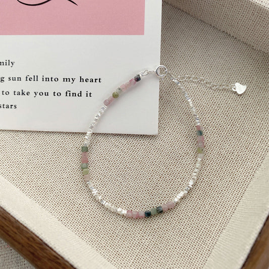 S925Sterling Silver Simple Niche Irregular Silver Nugget Tourmaline Beaded Bracelet for Women Sweet Temperament Layered Wristband