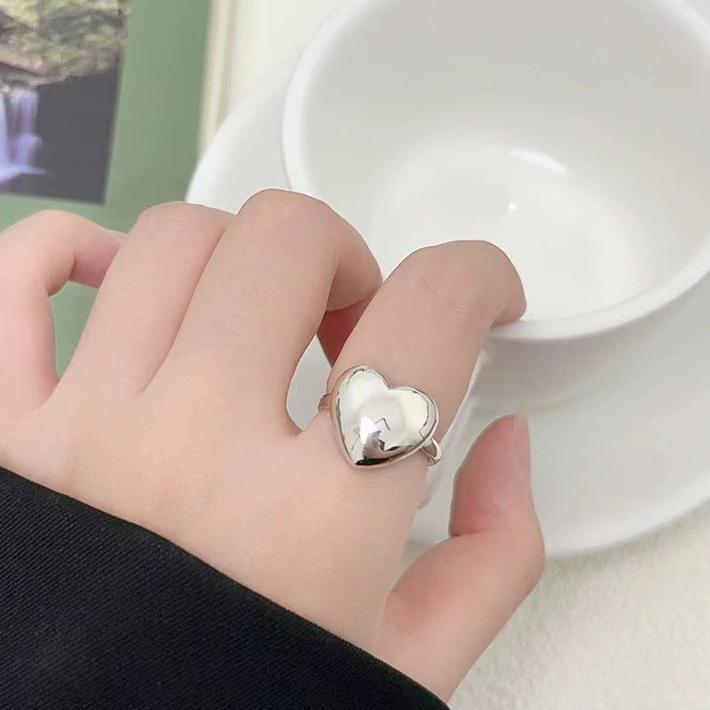 Sterling Silver S925 Heart Single Ring Simple Cute Sweet Peach Heart Open Ring Index Finger Ring
