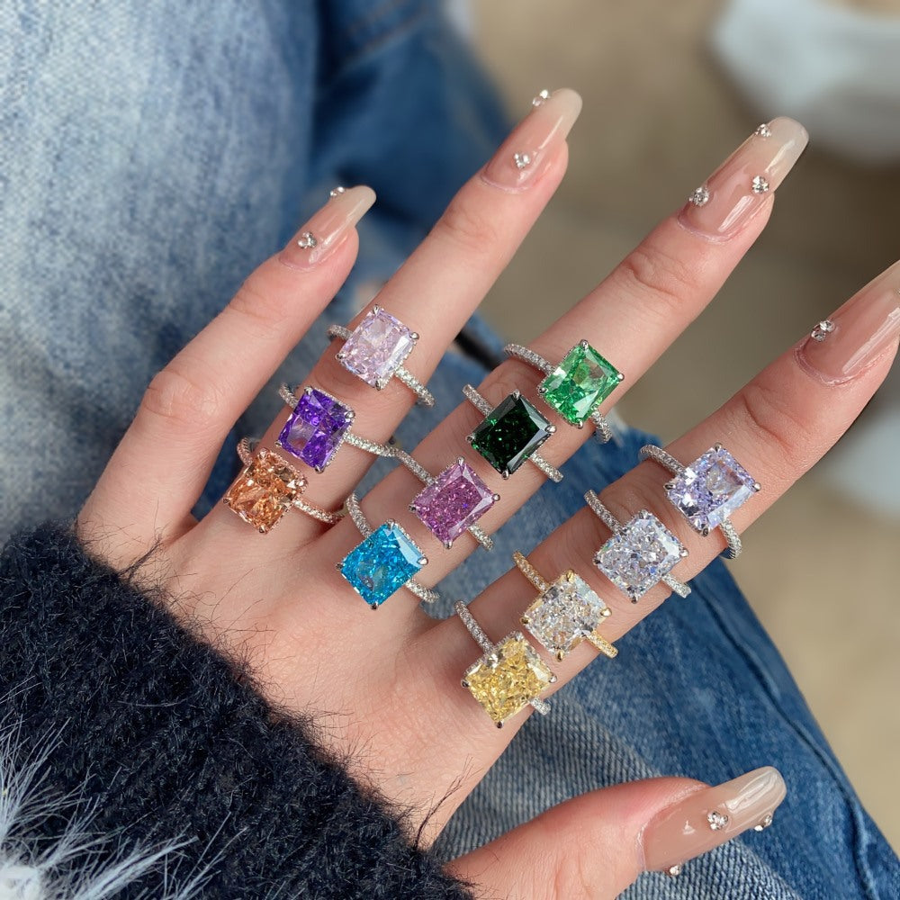 High Carbon Diamond Jewelry S925 Sterling Silver Heavy Craft Ring for Women 8A Zircon Square Ice Flower Cut Gemstone Ring