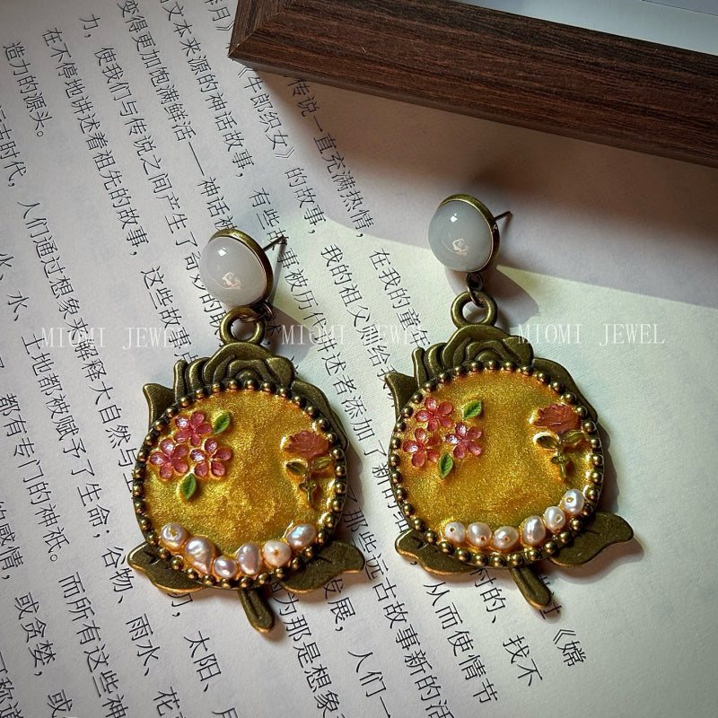 Vintage Retro Antique Jewelry Oil Painting Style Yellow Rose Exaggerated Freshwater Pearl Earrings
