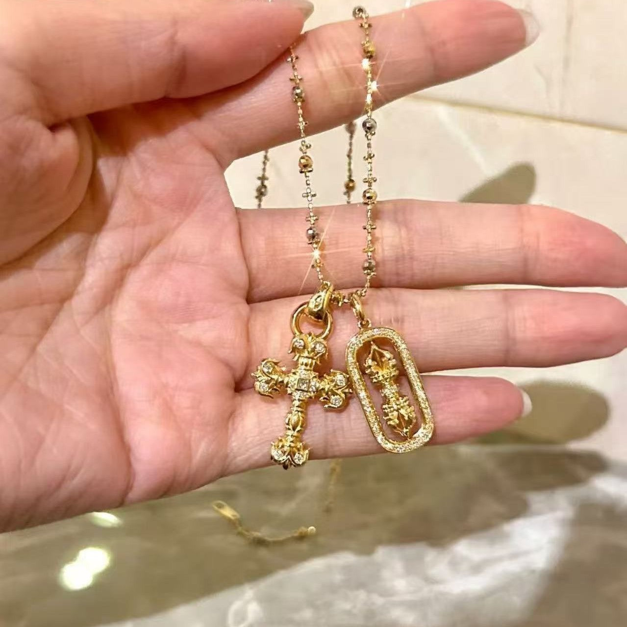 Italian Craft Light Luxury Pure Silver S925 Iris Flower Cross Vajra Fairy Chain Layered Necklace Collarbone Chain