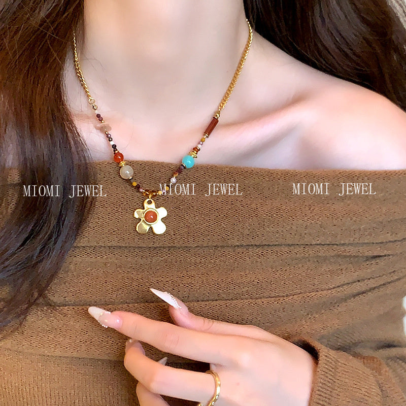 natural Tiger Eye Stone Heart Beaded Necklace Vintage Autumn Winter Elegant Simple Collarbone Chain