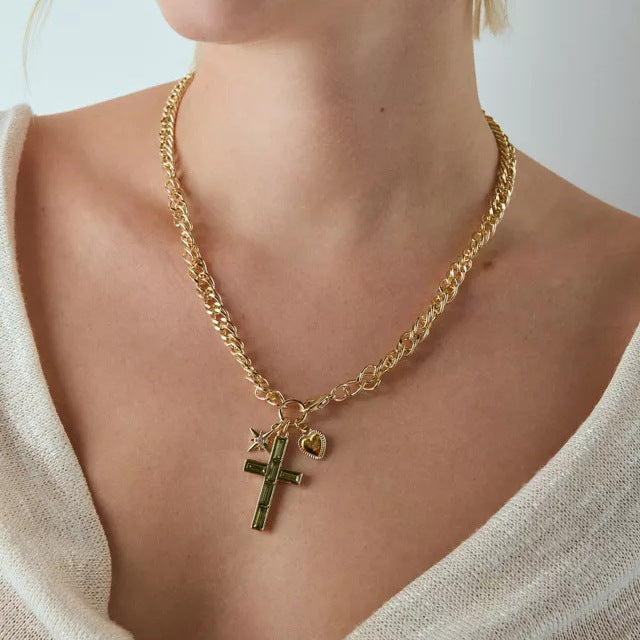 Zircon Titanium Steel Cross Necklace Pendant Accessory Light Luxury Clavicle Chain Stainless Steel Jewelry High-end Feel