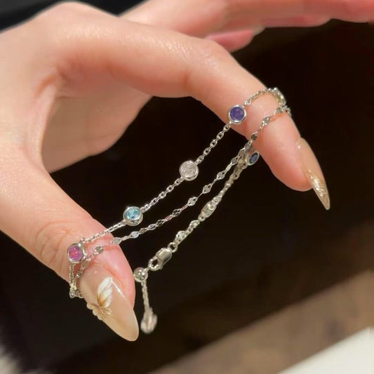 Sterling Silver S925 Dopamine Colorful Bubble Double Layer Bracelet with Inlaid Diamonds Vintage High-end Light Luxury Exquisite Design Bracelet