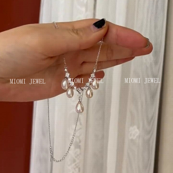 Natural Freshwater Rice-Shaped Aurora Pearl Necklace S925 Sterling Silver Women's Tassel Elegant Versatile Inlaid Zircon Collarbone Chain