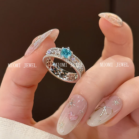 Gold Jewelry S925 Silver Daily Luxury Style One Carat Aquamarine Firework Cut Ring for Women Fashion Versatile Style