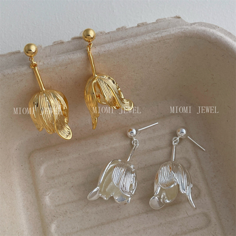 18K Real Gold Plated Metal Minimalist Tulip Flower Earrings Elegant Niche Design Sense Drop Earrings Jewelry