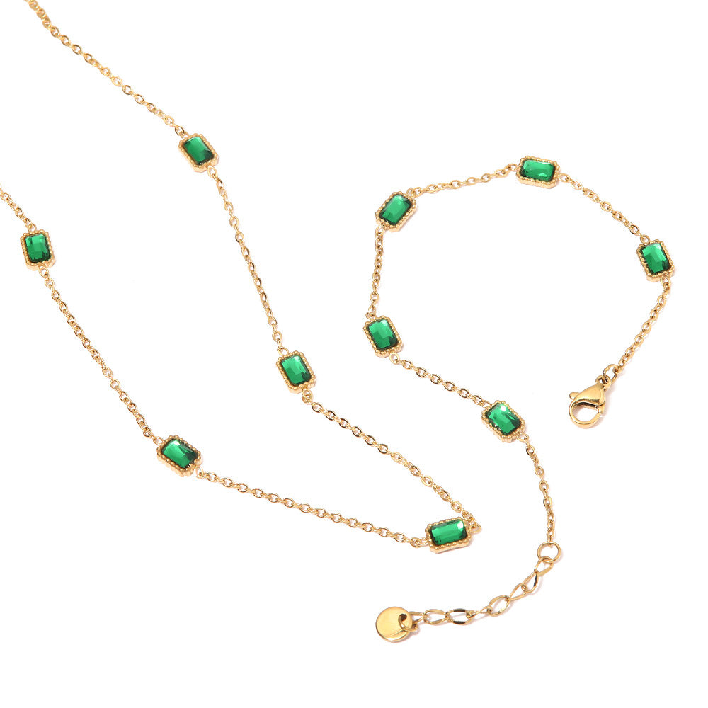 Ins Style Square Emerald Zircon Necklace Light Luxury Niche High-end Titanium Steel Collarbone Chain Necklace Bracelet